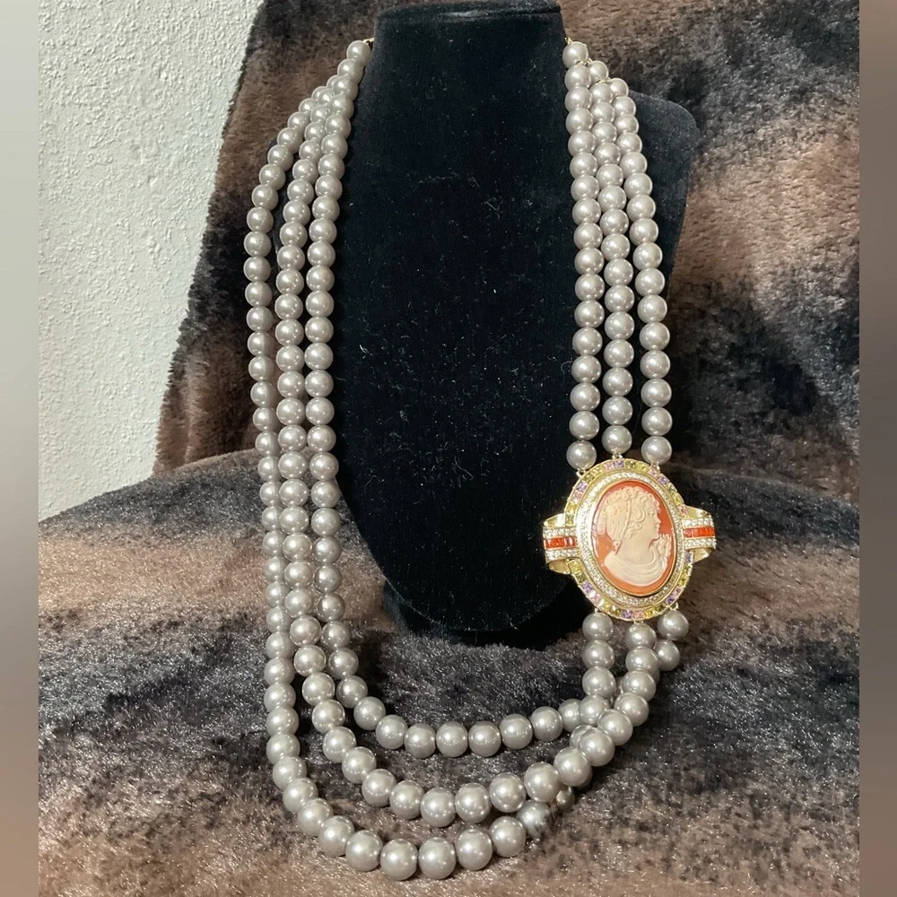 Amedeo Cameo Triple Strand Faux Pearl Necklace